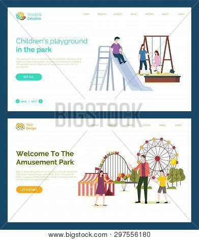 Children Playground Vector, Father With Kids, Welcome To Amusement Park. Mother With Daughter On Swi