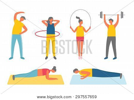 Men And Women Doing Fitness Training And Sport Vector. Bending Over And Rotating Hula Hup, Jumping R