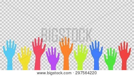 Colorful Up Hands Isolated On Transparent Background. Friendship Or Group Therapy Symbol. Template D