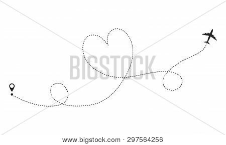 Love Airplane Route. Romantic Travel Concept. Dotted Line In The Shape Of A Heart. Template Design F