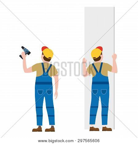 Workers, With A Screwdriver, Installing Gypsum Plasterboard Panels. Vector Illustration, Isolated. C