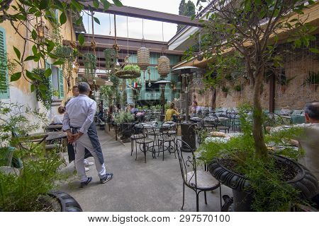 Ses Salines, Mallorca, Spain - April 15, 2019: Cozy Bar And Restaurant Cassai Interior Details In Ce
