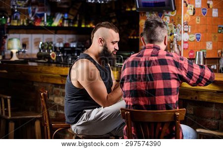 Friendship And Leisure. Friday Relaxation In Bar. Friends Relaxing In Pub. Hipster Brutal Bearded Ma