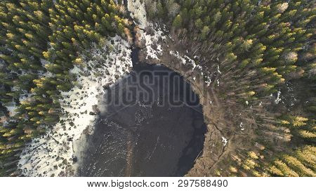 Aerial View Of The Great Lake During Spring Day With Snow