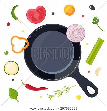 Cooking Process. Food And Pan. Design For Cafe, Restaurant, Cooking Class Or Home Cooking.