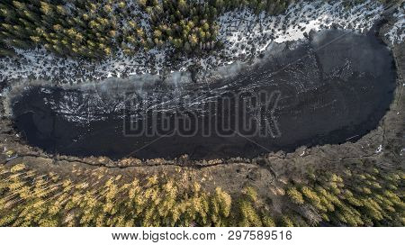 Aerial View Of The Great Lake During Spring Day With Snow