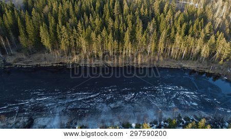 Aerial View Of The Great Lake During Spring Day With Snow