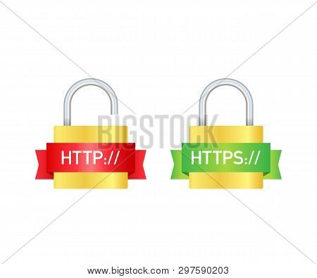 Http And Https Protocols On Shield, On White Background. Vector Stock Illustration