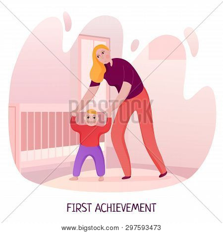 Mom Helping Baby During First Steps On Background Of Kid Room Interior Flat Vector Illustration