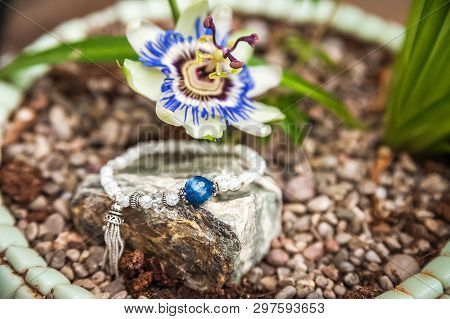 Jewelery Made Of Natural Stones Against The Backdrop Of Blossoming Pasiflora. Bracelets, Rings, Neck