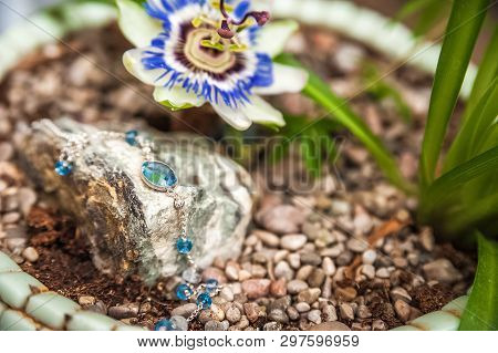 Jewelery Made Of Natural Stones Against The Backdrop Of Blossoming Pasiflora. Bracelets, Rings, Neck