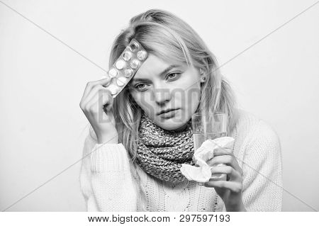 Girl Suffer Headache And Take Medicine. Headache And Fever Remedies. Woman Tousled Hair Scarf Hold T