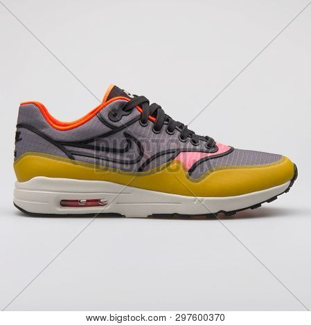 Vienna, Austria - August 7, 2017: Nike Air Max 1 Ultra 2.0 Si Yellow And Grey Sneaker On White Backg