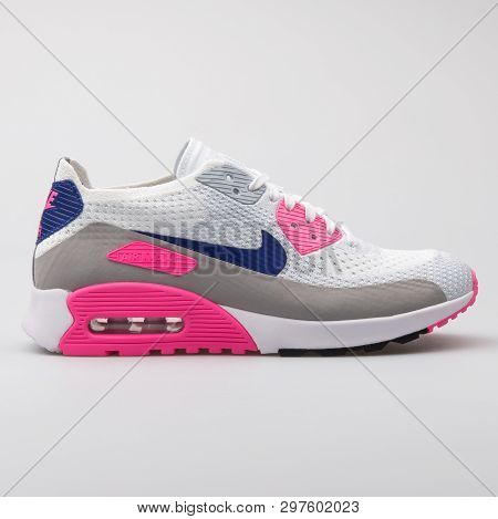 Vienna, Austria - August 7, 2017: Nike Air Max 90 Ultra 2.0 Flyknit White And Pink Sneaker On White 