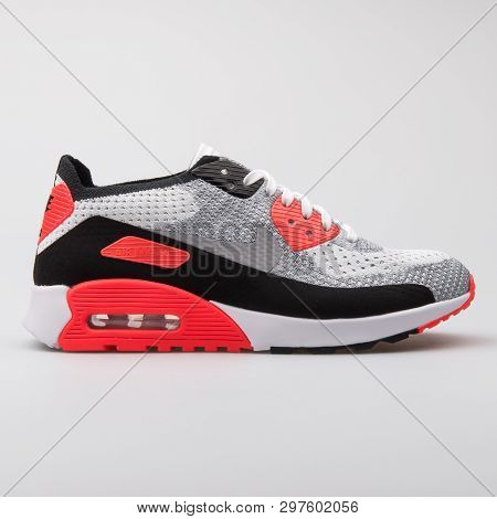 Vienna, Austria - August 7, 2017: Nike Air Max 90 Ultra 2.0 Flyknit Black, Grey And Crimson Sneaker 