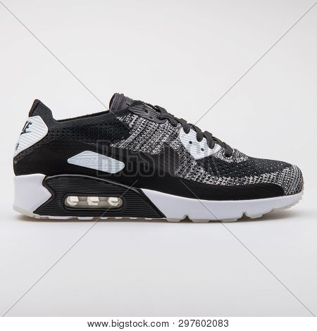 Vienna, Austria - August 7, 2017: Nike Air Max 90 Ultra 2.0 Flyknit Black Sneaker On White Backgroun