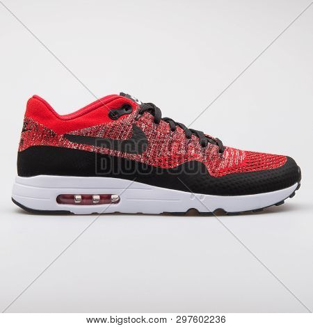 Vienna, Austria - August 7, 2017: Nike Air Max 1 Ultra 2.0 Flyknit Red And Black Sneaker On White Ba