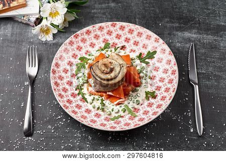 Tournedo From Trout With Carrot Noodles With Green Peas, On A White Plate. Horizontal , Selective Fo