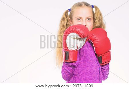 Feminist Movement. Self Defence Concept. Girl Boxer Knows How Defend Herself. Girl Child Strong With