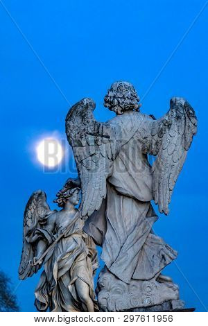 Moon Bernini Angels Castel Ponte Sant Angelo Rome Italy. Gian Lorenzo Bernini Famous Italian Sculpto