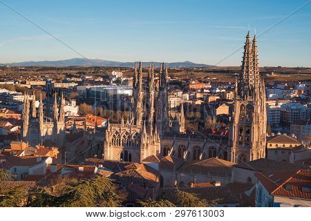 Burgos Cathedral And City Panorama At Sunset. Burgos, Castile And Leon, Spain.