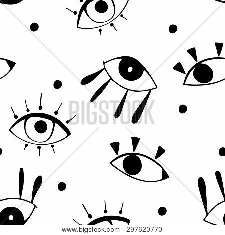 Seamless Pattern With  Cute Cartoon Eyes And Dots In Abstract Style. Black Graphic Drawnig Of Eyebal
