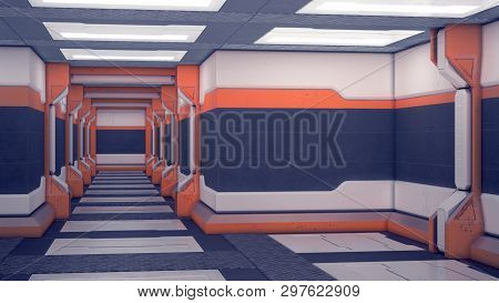 Sci-fi Hangar. White Futuristic Panels With Orange Accents. Spaceship Corridor With Light. 3d Illust