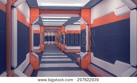 Sci-fi Hangar. White Futuristic Panels With Orange Accents. Spaceship Corridor With Light. 3d Illust