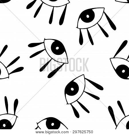 Seamless Pattern With  Cute Cartoon Eyes In Abstract Style. Black Graphic Drawnig Of Eyeballs With E