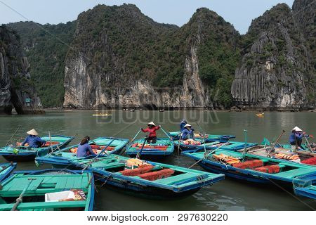 Halong Bay,vietnam:march 29 2019 - Tourist Travel By Ship To Halong Bay Limestone Islands In Northes