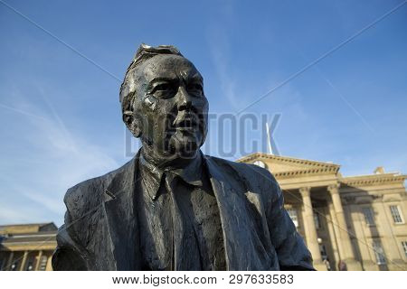 A Statue Of Former Prime Minister And Founder Of The Open University, Harold Wilson. Labour Politici