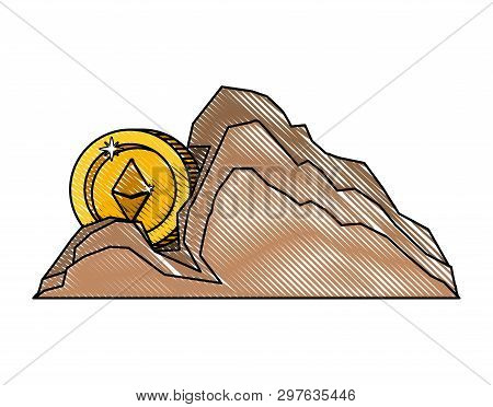 Cryptocurrency Etherum Money In Mountain Mining Vector Illustration Design