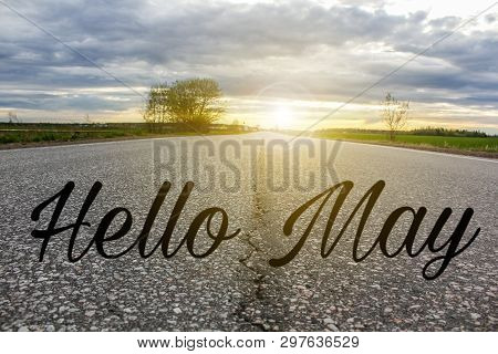 Banner Hello May. Text On The Photo Hello May. Welcome Card