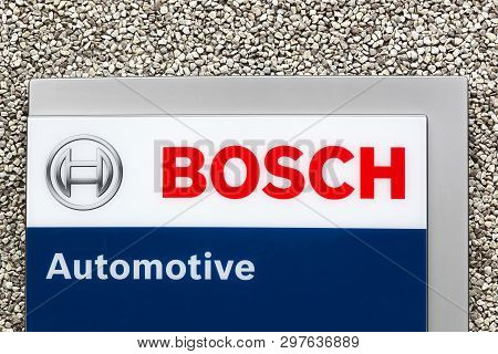 Skejby, Denmark - May 10, 2018: Bosch Automotive Logo On A Wall. Bosch Car Service Garages Provide V