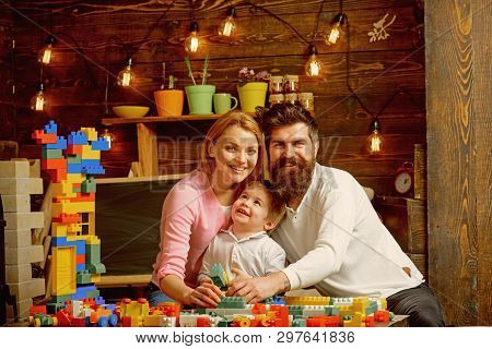 Playschool Concept. Playschool Kid Play With Mother And Father. Happy Family In Playschool. Playscho
