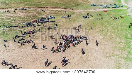 Herd Of Horses View From Drone Frightened Horse Stands On Its Legs During Traditional Game At Karako