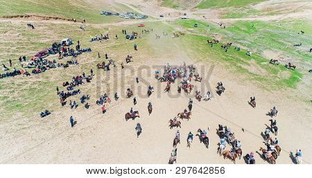 Herd Of Horses View From Drone Frightened Horse Stands On Its Legs During Traditional Game At Karako