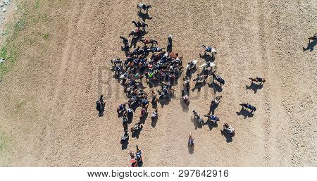 Herd Of Horses View From Drone Frightened Horse Stands On Its Legs During Traditional Game At Karako