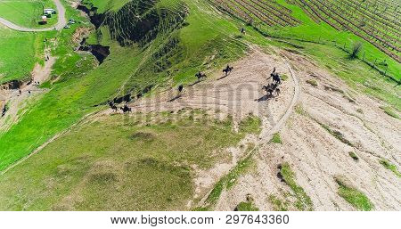 Herd Of Horses View From Drone Frightened Horse Stands On Its Legs During Traditional Game At Karako