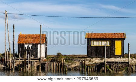 Colourful cabin of fishermen huts at La Tremblade near Oleron,Nouvelle-Aquitaine, France