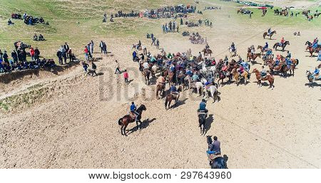Herd Of Horses View From Drone Frightened Horse Stands On Its Legs During Traditional Game At Karako