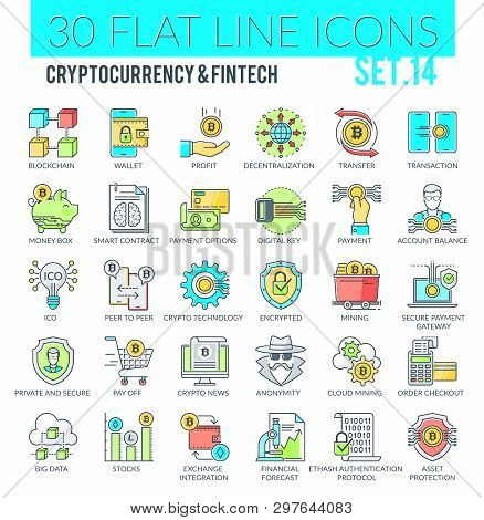 Set Of Modern Filled Outline Icons Of Cryptocurrency, Blockchain, Cloud Mining, Finance Technology A