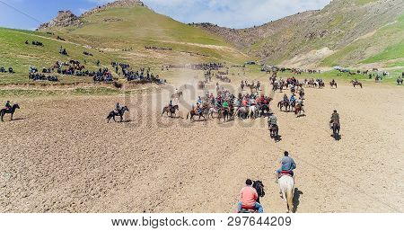 Herd Of Horses View From Drone Frightened Horse Stands On Its Legs During Traditional Game At Karako