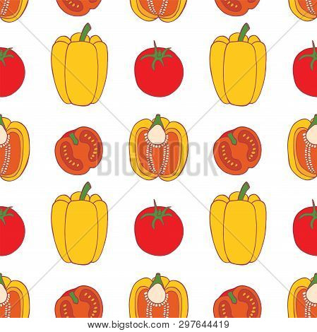 Pepper And Tomato  Seamless Pattern For Wallpaper Design. Fresh Ripe Color Food. Organic Healthy Veg