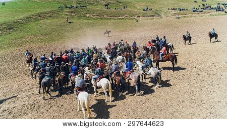 Herd Of Horses View From Drone Frightened Horse Stands On Its Legs During Traditional Game At Karako
