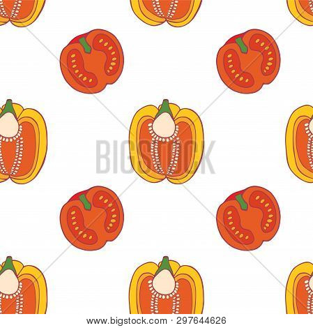 Pepper And Tomato  Seamless Pattern For Wallpaper Design. Fresh Ripe Color Food. Organic Healthy Veg