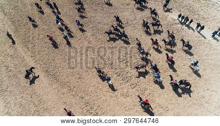 Herd Of Horses View From Drone Frightened Horse Stands On Its Legs During Traditional Game At Karako