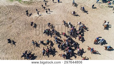 Herd Of Horses View From Drone Frightened Horse Stands On Its Legs During Traditional Game At Karako