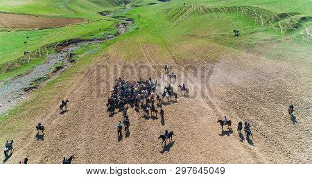 Herd Of Horses View From Drone Frightened Horse Stands On Its Legs During Traditional Game At Karako