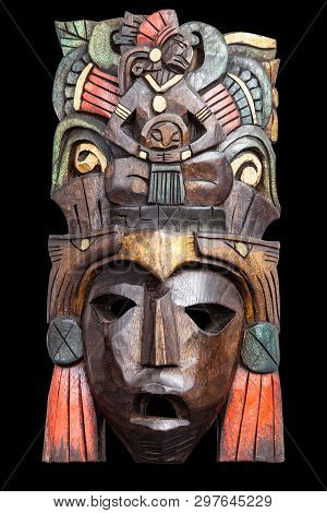 Indian Mayan Aztec Wooden Mask Isolated On Black Background With Clipping Paths